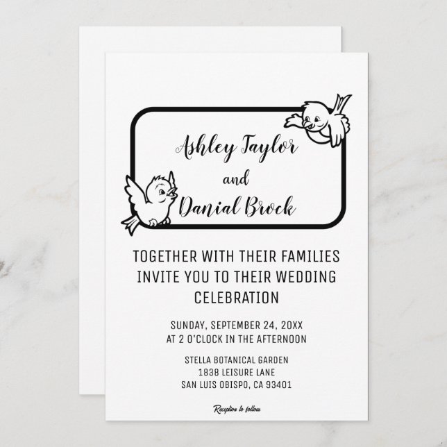 Invitación Elegante Boda de Moda de Aves Blancas Y Negras (Anverso / Reverso)