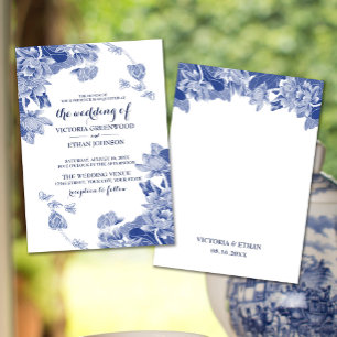 Invitación Elegante Boda de Moda de Lotus Chinoiserie azul bl
