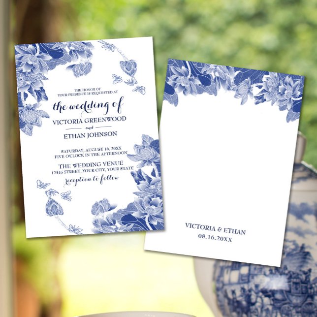 Invitación Elegante Boda de Moda de Lotus Chinoiserie azul bl (Subido por el creador)