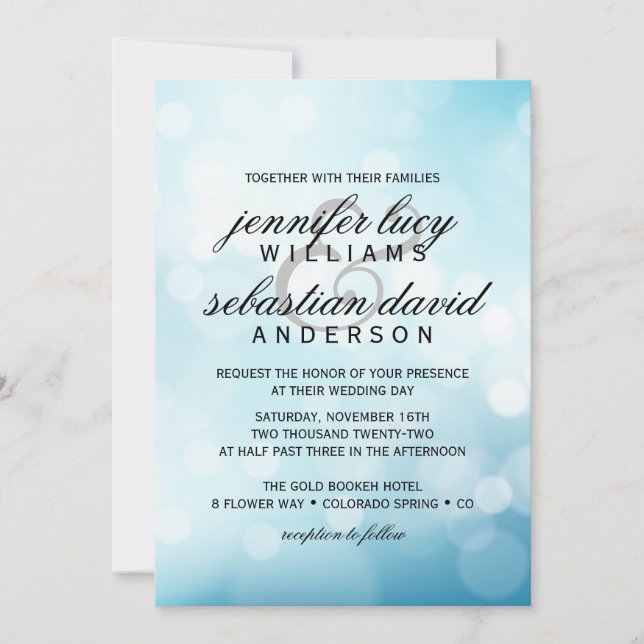 Invitación Elegante Boda de Moda de luz azul Bokeh (Anverso)