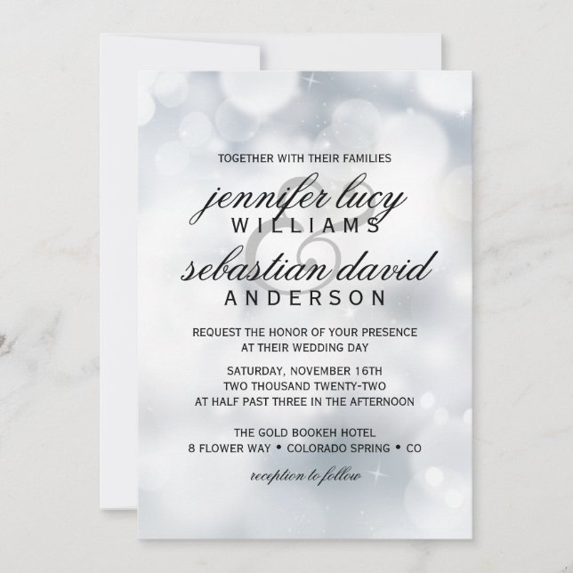 Invitación Elegante Boda de Moda de luz de bokeh plateado (Anverso)