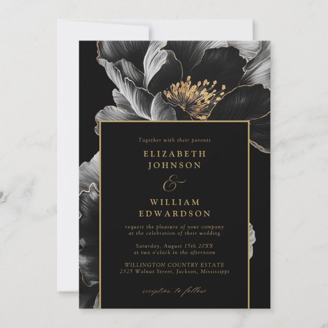 Invitación Elegante Boda De Moda Floral Negra Y Oro (Anverso)