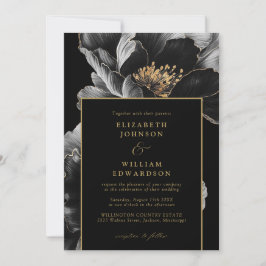 Invitación Elegante Boda De Moda Floral Negra Y Oro