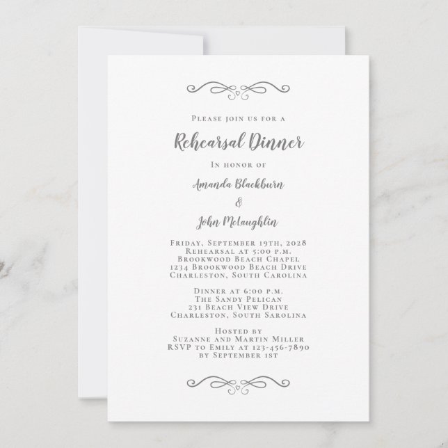 Invitación Elegante Boda de Moda gris y blanco para la cena (Anverso)