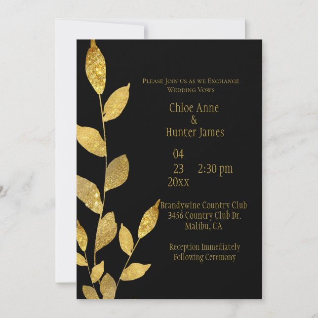 Invitación Elegante Boda de Moda moderna de Hoja de Oro Negro (Anverso)