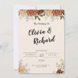 Invitación Elegante Boda de Moda y Rústica de Flora Roja Rosa