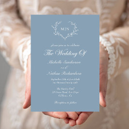 Invitación Elegante Boda de Monograma Azul Dusty