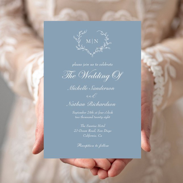 Invitación Elegante Boda de Monograma Azul Dusty (Subido por el creador)