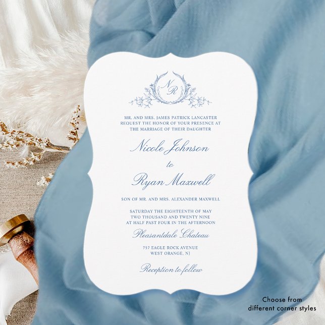 Invitación Elegante Boda de Monograma Azul Formal (Subido por el creador)