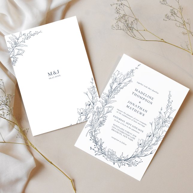 Invitación Elegante Boda de Monograma Azure Ivory Floral Wrea (Subido por el creador)