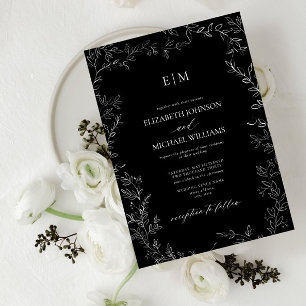 Invitación Elegante Boda de Monograma Blanco Blanco Negro de
