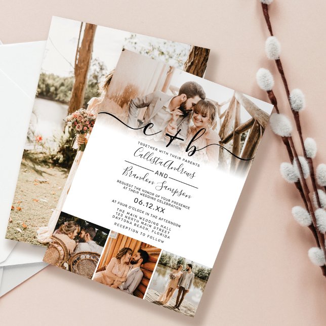 Invitación Elegante Boda de Monograma Blanco Negro Fotográfic (Subido por el creador)