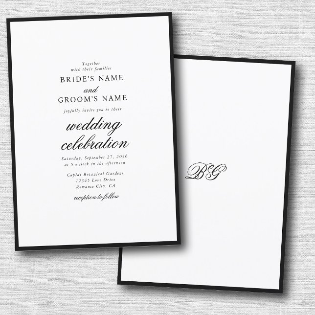 Invitación Elegante Boda de Monograma Blanco Negro Minimalist (Elegant Minimalist Black White Monogram Wedding Invitation)