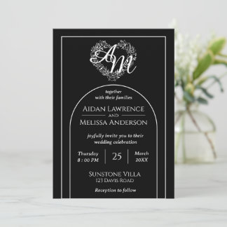 Invitación Elegante Boda de Monograma Blanco y Negro