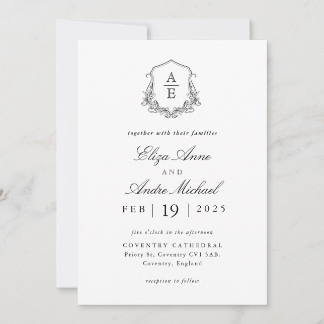 Invitación Elegante Boda de Monograma Blanco y Negro (Anverso)