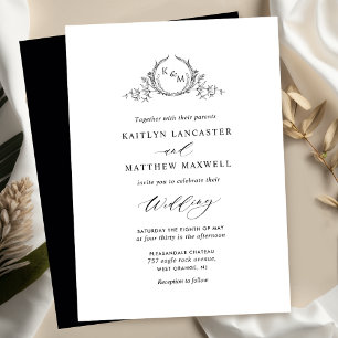 Invitación Elegante Boda de Monograma Blanco y Negro
