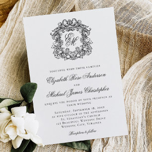 Invitación Elegante Boda de Monograma Blanco y Negro