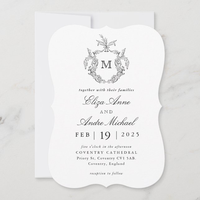 Invitación Elegante Boda de Monograma Blanco y Negro (Anverso)