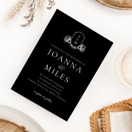 Invitación Elegante Boda de Monograma Botánico Blanco y Negro