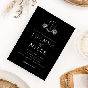 Invitación Elegante Boda de Monograma Botánico Blanco y Negro