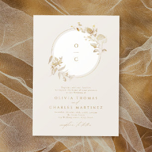Invitación Elegante Boda de Monograma Botánico de Oro