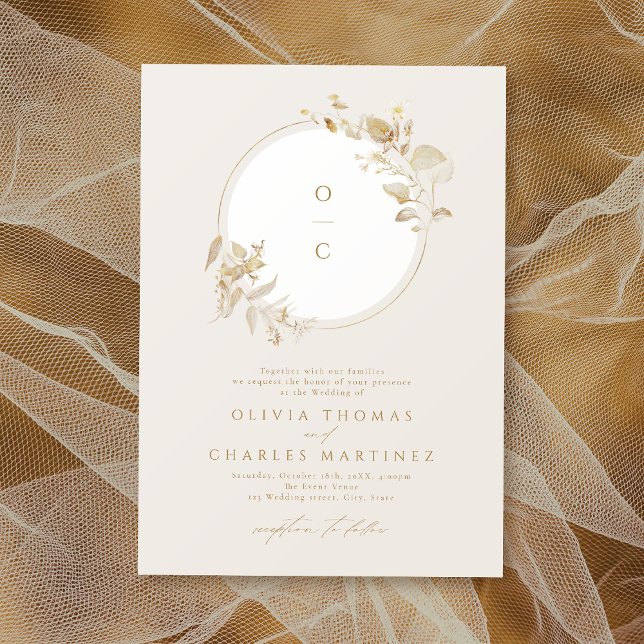 Invitación Elegante Boda de Monograma Botánico de Oro (Elegant Gold Botanical Wreath Monogram Wedding Invitation)