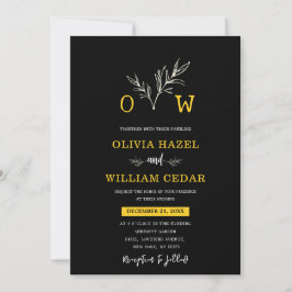 Invitación Elegante Boda de Monograma Botánico Negro y Oro