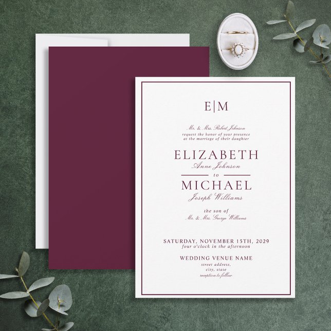 Invitación Elegante Boda de Monograma Burgundy Classic Script (Subido por el creador)