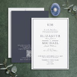 Invitación Elegante Boda de Monograma Clásico Azul de la Arma<br><div class="desc">Su boda es uno de los días más importantes de su vida, así que usted quiere que todo sea perfecto. ¡Eso incluye tus invitaciones! Esta elegante invitación a la boda de monograma de la Marina Azul con código QR es justo lo que necesitas para establecer el tono de tu día...</div>