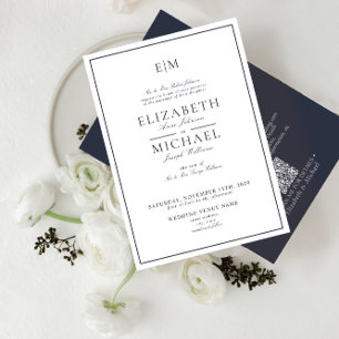 Invitación Elegante Boda de Monograma Clásico Azul de la Arma