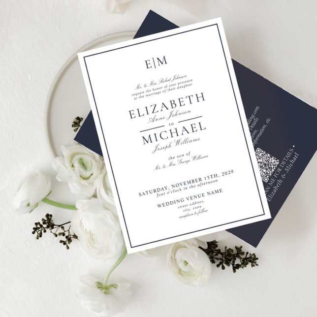 Invitación Elegante Boda de Monograma Clásico Azul de la Arma (Subido por el creador)
