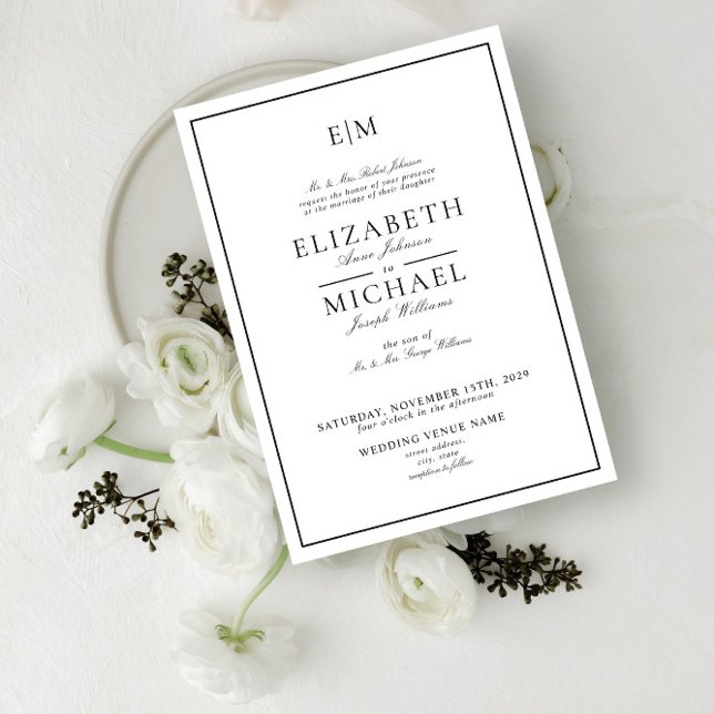 Invitación Elegante Boda de Monograma Clásico Blanco Negro (Subido por el creador)