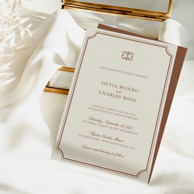 Invitación Elegante Boda de Monograma Clásico Brown & Ecru (Elegant Brown & Ecru Classic Monogram Wedding Invitation)