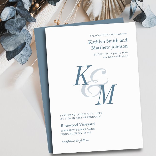 Invitación Elegante Boda de Monograma Clásico Dusty Blue (Subido por el creador)