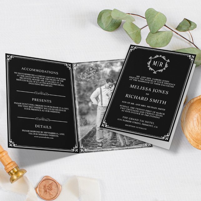 Invitación Elegante Boda de Monograma Clásico Negro y Blanco (Subido por el creador)