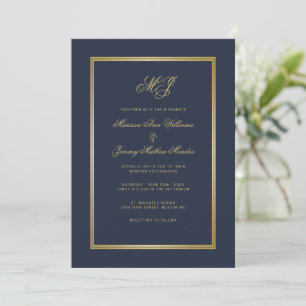 Invitación Elegante Boda de Monograma con guión dorado azul