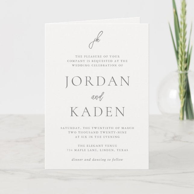 Invitación Elegante Boda de Monograma con Guión Gris (Anverso)