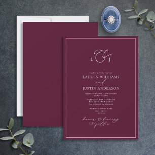 Invitación Elegante Boda de Monograma de Caligrafía Borgoña
