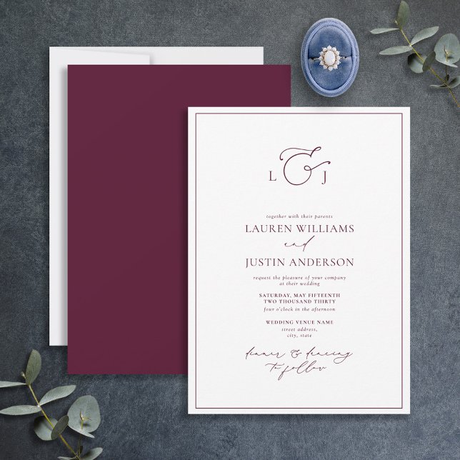 Invitación Elegante Boda de Monograma de Caligrafía Borgoña (Subido por el creador)