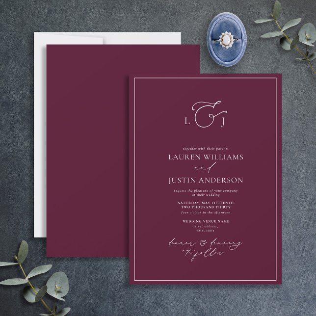 Invitación Elegante Boda de Monograma de Caligrafía Borgoña (Subido por el creador)