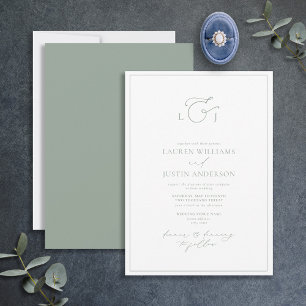 Invitación Elegante Boda de Monograma de Caligrafía Verde Sag