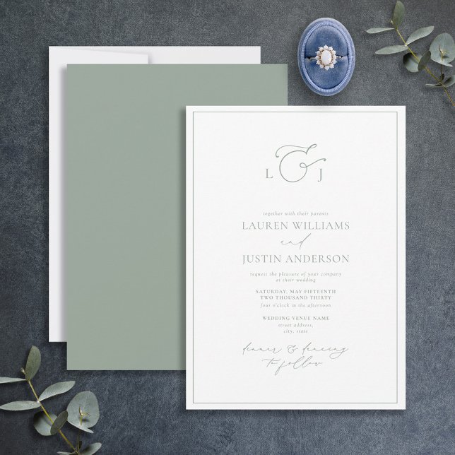 Invitación Elegante Boda de Monograma de Caligrafía Verde Sag (Subido por el creador)
