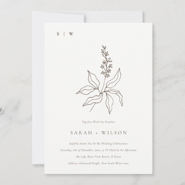 Invitación Elegante Boda de Monograma de Esbozo Botánico Flor (Anverso)