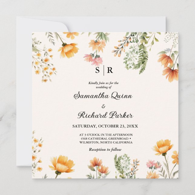 Invitación Elegante Boda de monograma de flor silvestre Weado (Anverso)