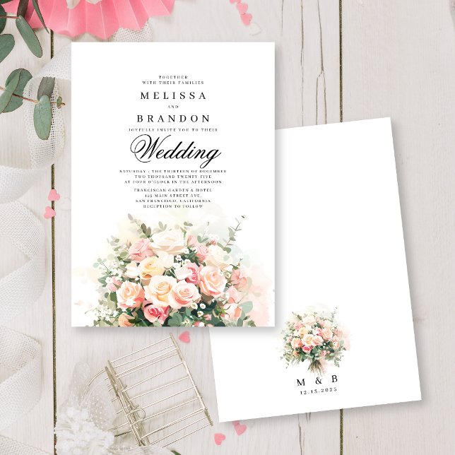 Invitación Elegante Boda de Monograma de Floral Rosa (Subido por el creador)