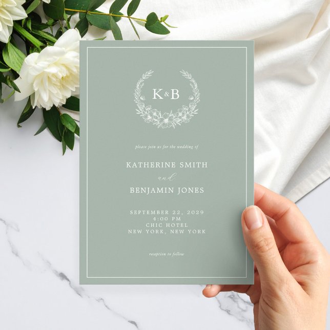 Invitación Elegante Boda de monograma de floral verde sabio (Subido por el creador)