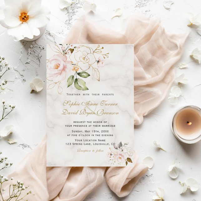 Invitación Elegante Boda de Monograma de Flores de Oro Rubor (Subido por el creador)