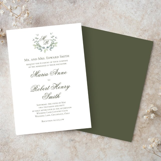 Invitación Elegante Boda de Monograma de Guión de Caligrafía  (Elegant green monogram and greenery motif wedding invitations. )