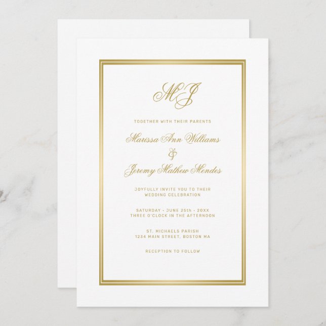 Invitación Elegante Boda de Monograma de Guión de Oro Blanco (Anverso / Reverso)