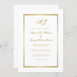 Invitación Elegante Boda de Monograma de Guión de Oro Blanco